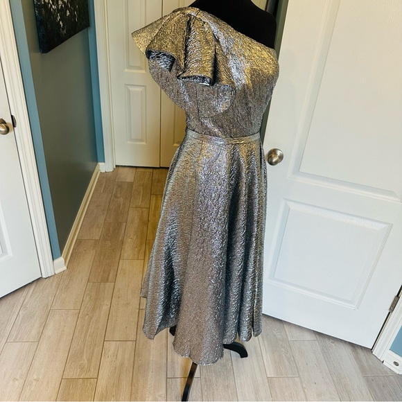 Mac Duggal Dress Silver 6 One Shoulder Bow Midi Gown Ruffle 67906 New - Picture 10 of 13